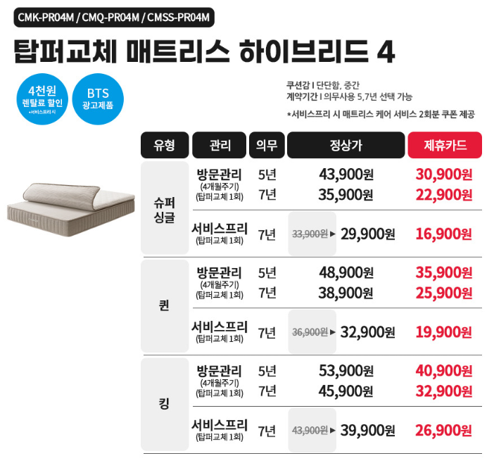 코웨이 비렉스 탑퍼교체 하이브리드4 매트리스  렌탈